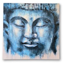 Tranquil Buddha Gaze 36″ Hand Embossed Canvas Art, Deep Blue