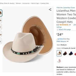 Two-Tone Western Ladies’ Cowboy Hat w/Turquoise Belt. Creamy White Outside/Blue Inside 