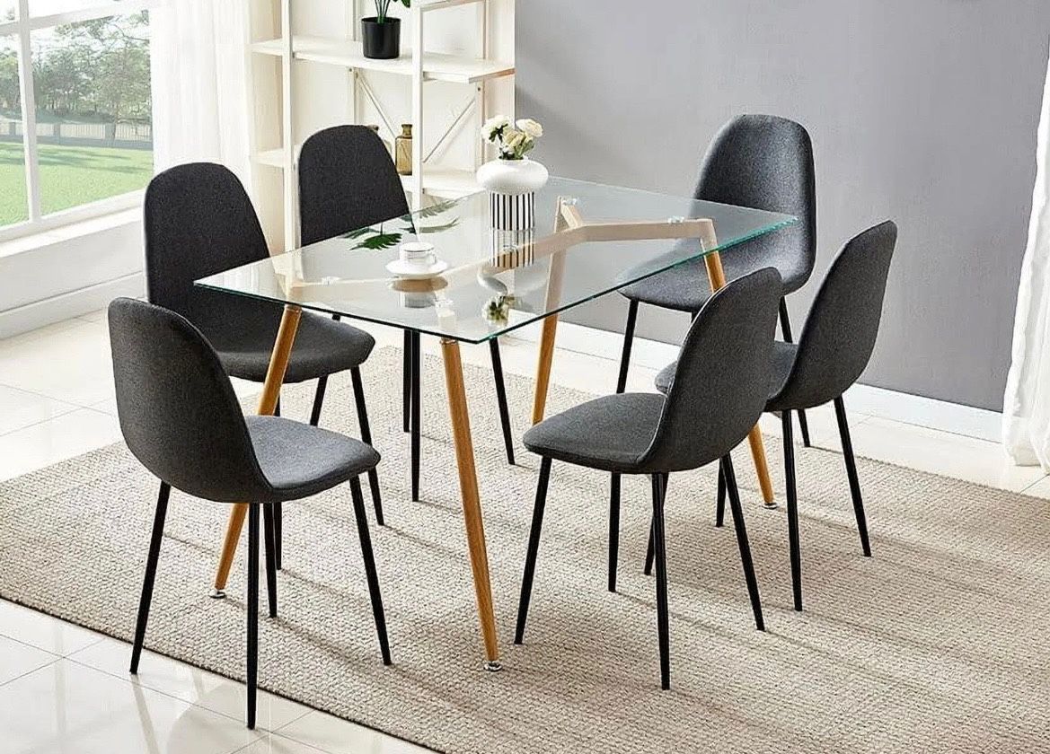 Glass Dining Table with Wooden Legs