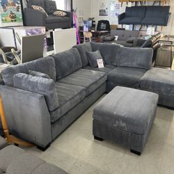 Reversible Sectional Sofa With Ottoman In Corduroy 