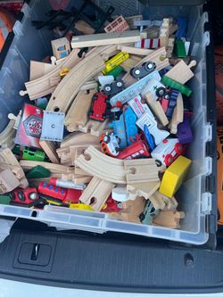 Kids wooden train tracks and trains