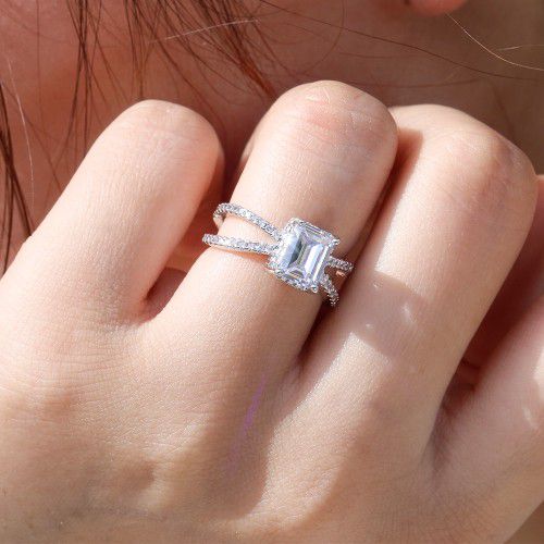 "Trendy Double Layer Cross Rectangle Radiant Cut Silver Ring for Women, VIP495
  