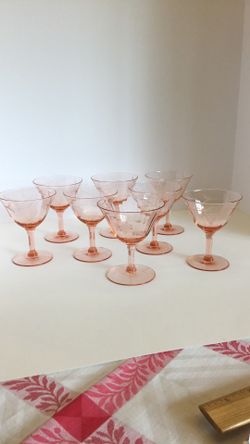 Set Of 8 Stemmed Wine Glass Sherbet Compote Dessert Glass Pink Depression Glass Grape Pattern Perfect Condition 