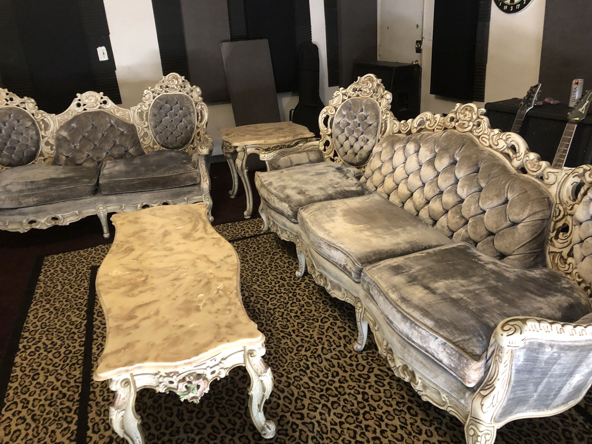 French provincial Victorian sofa set, blue velvet with marble coffee table and end table