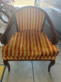 Vintage Cane Side Chair with Striped Cushions