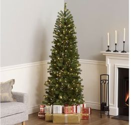 6.5 ft Pre-Lit Pencil Artificial Christmas Tree, 300 LED Lights, 640 Tips, PowerConnect, Foot Pedal, 10 Light Functions, Includes Stand, Green 820 G40