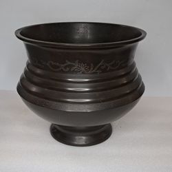 Early 20th-C Asian Bronze Pot Planter W/Embossed Floral & Geometric 12" D x 10"H