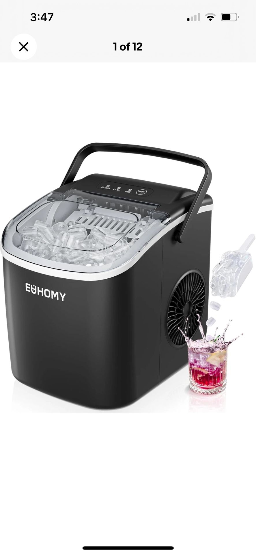 EUHOMY Countertop Ice Maker Machine with Handle, 26Lbs in 24Hrs, 9 Ice Cubes