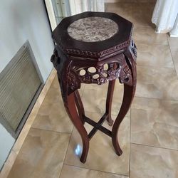 Antique Chinese Hand Carved Rosewood Marble Top Pedestal Plant Stand