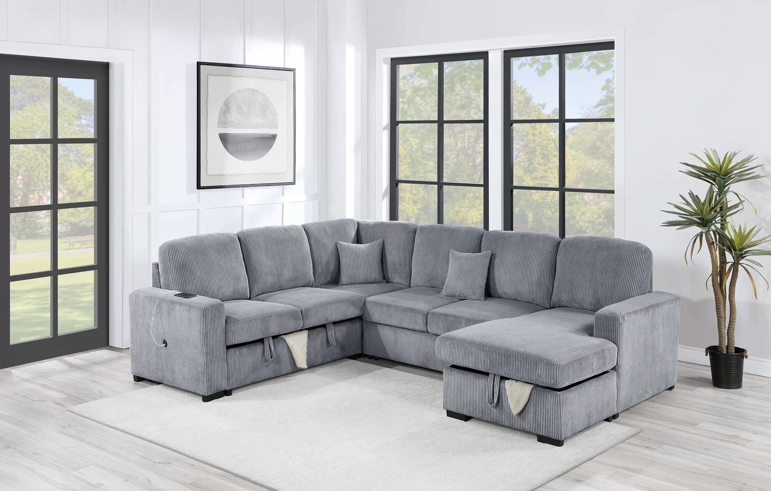Sectional Convertible Bed Grey corduroy fabric, New Especial price
