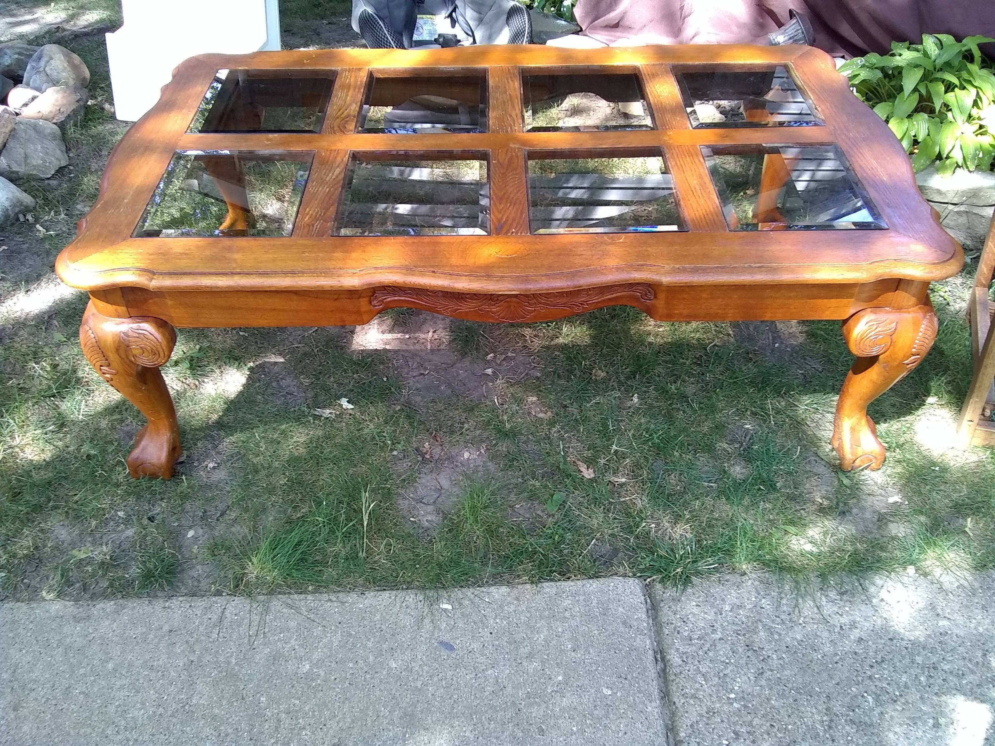 Antique 8 glass crow foot wood coffee table