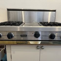 Viking Professional Custom 36” Stainless Steel Gold Gas Rangetop 4 Burner Griddle 10” Backsplash Natural Gas