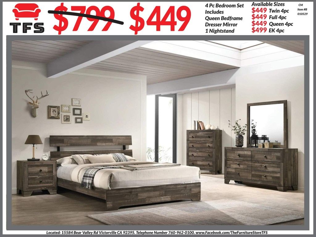 4pc Bedroom Set $449 Queen $499 Eastern King Includes bedframe Dresser mirror nightstand Grey Brown Multicolor Bedroom Set