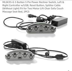 New 2pk MLSK35-G 5 Button 5 Pin Power Recliner Switch, Left & Right Controller w/USB, Reset Button, Splitter Cable (Without Light) Fit for Two Motor L
