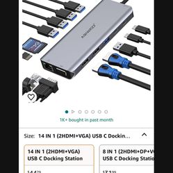 USB C Docking Station Dual Monitor for Dell/HP/Lenovo/Surface Laptop, 14 in 1 Triple Display Hub Multiple Adapter, Dongle with 2 HDMI 4K+VGA+5 Port+10