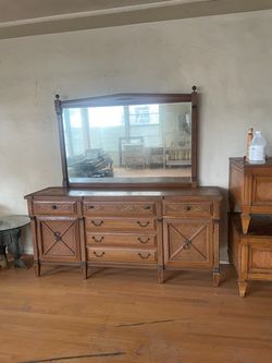 vintage mid-century wood triple dresser and mirror