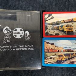 Vintage Santa Fe RR playing card set w/case, "Always on the move toward a better way", Indian logo