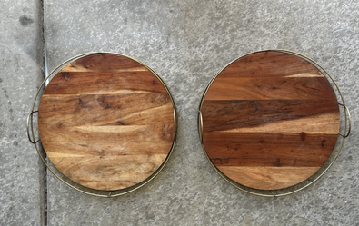 Set of 2 Round Wood & Gold Decorative Trays