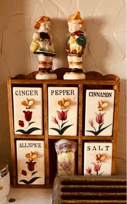 Vintage Wooden Spice Rack with Ceramic Drawers