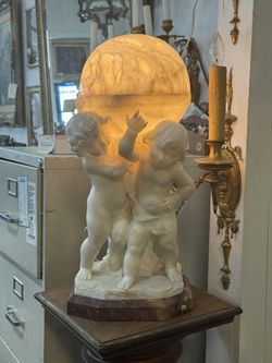 Italian Carved Alabaster and marble Figure Lamp with 3 Putti Figures