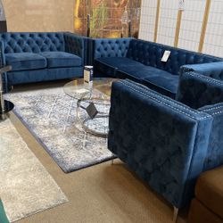 Now Available In Grey! 3 Piece Velvet Set Sofa, Loveseat & Chair