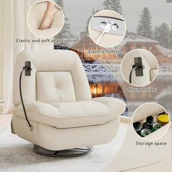 Oversized Power Swivel Rocker Recliner Chair with USB Port, Phone Holder & Hidden Storage - White