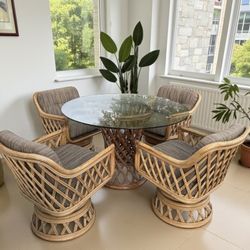 Vintage Rattan Dining set with Swivel Chairs and Seat Cushions