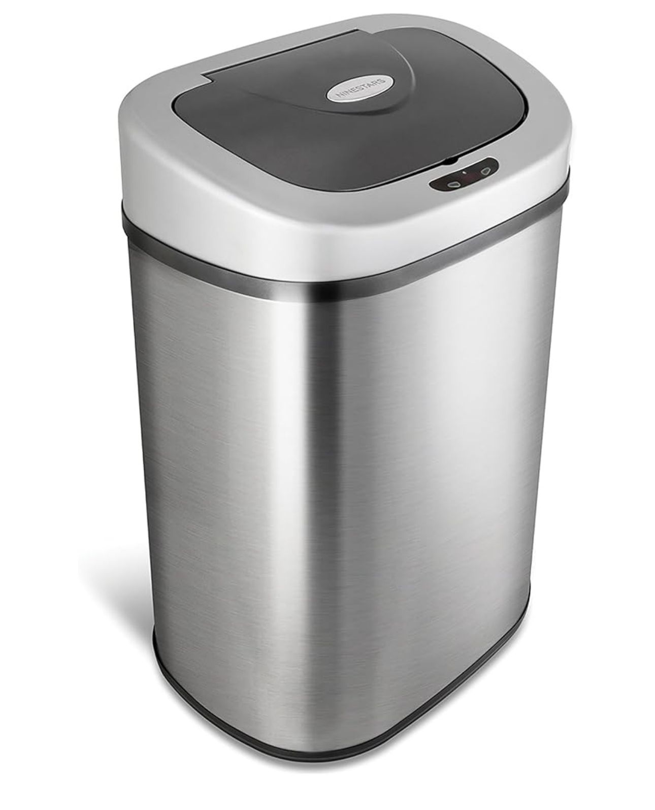 NINESTARS Automatic Touchless Infrared Motion Sensor Trash Can with Stainless Steel Base & Oval, Silver/Black Lid, 21 Gal