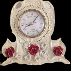 Antique Looking Porcelain Clock, 9" Tall, 7.5 Wide Approx. Battery Not Included, Quartz, Secondhand, Works, Lens Face Scratched In The Middle.