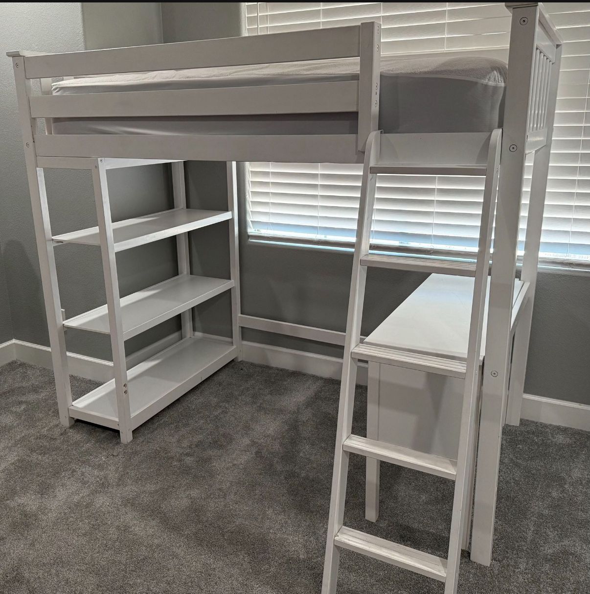 White Loft Bed , Attachable Or Detachable, Bookshelf & Desk