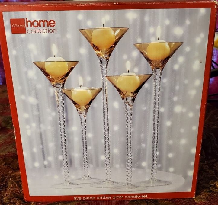 5 Pcs Amber Glass Long Stem Champagne Candle Holder Set