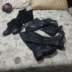 Black Ankle Boots(2) And Black Knee Boots (2)