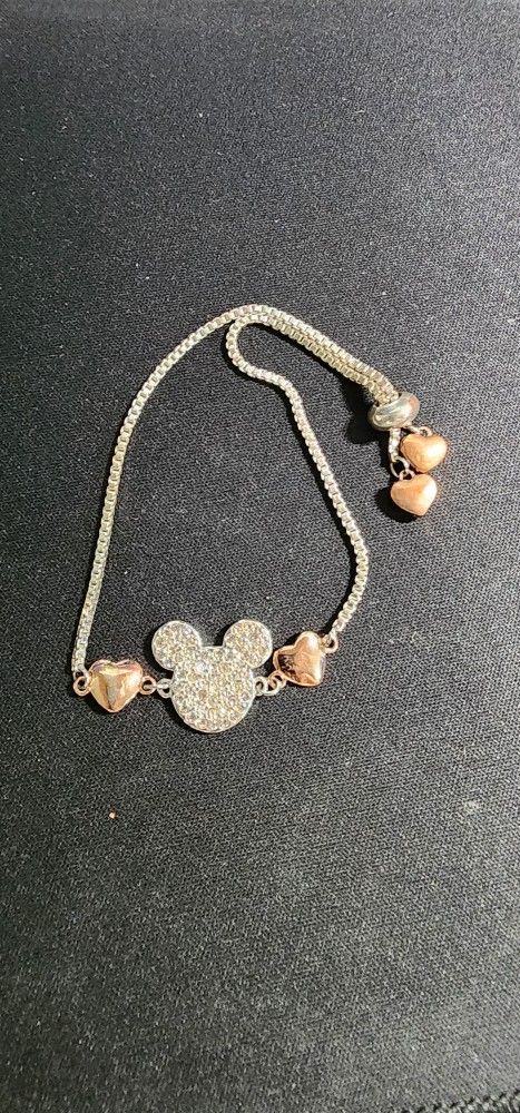 Mickey Mouse Bracelet Pave Crystal Mickey Ear Charm Silver Rose Gold Tone Chain