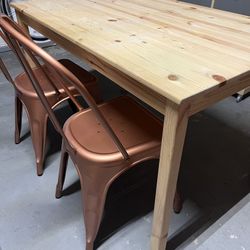 Wood Table Desk and Two Metal Chairs