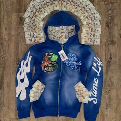 Blue and white zip-up hoodie with money pockets #y2kstyle