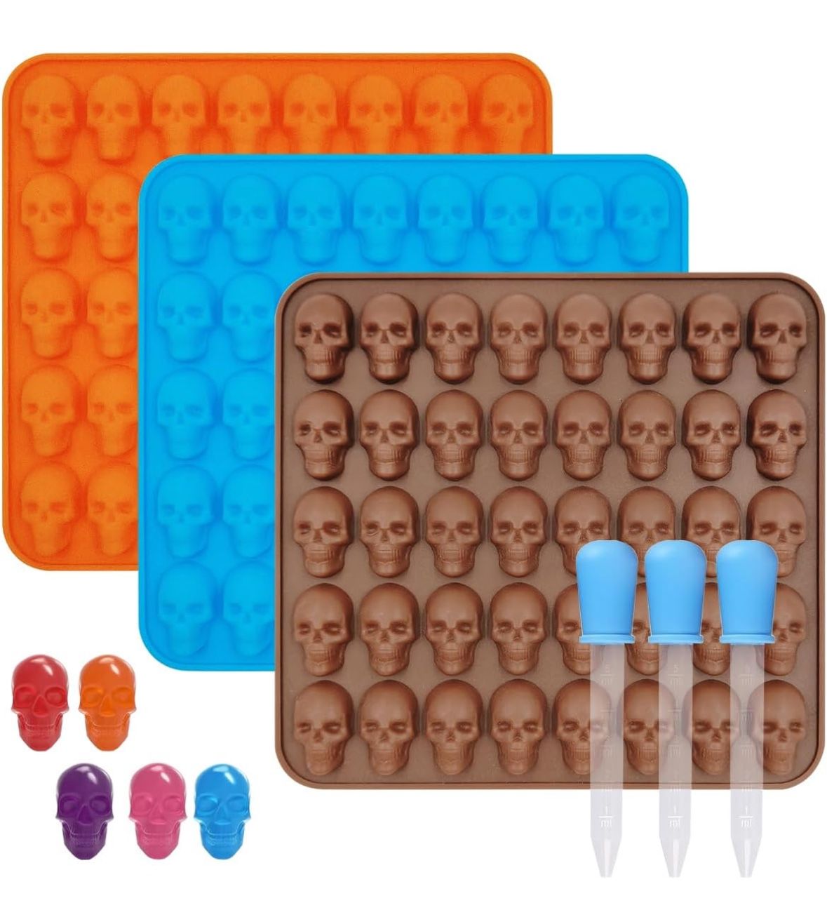 3 Pack Gummy Skull Candy Molds 120-Cavity Silicone Skull Molds with 2 Droppers