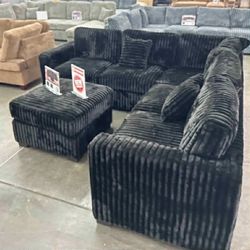 New 99x99 Black Corduroy Sectional Couch With Ottoman / Free Delivery 