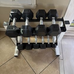 Dumbbells rubber hex 5-25 plus rack 150lbs total firm price 