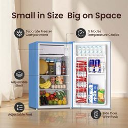 3.2 Cu.ft Mini Fridge with Freezer - Small Refrigerator for Bedroom Dorm Office, Compact Single Door, Adjustable 5-Temp & Quiet, Blue  Spacious Yet Co