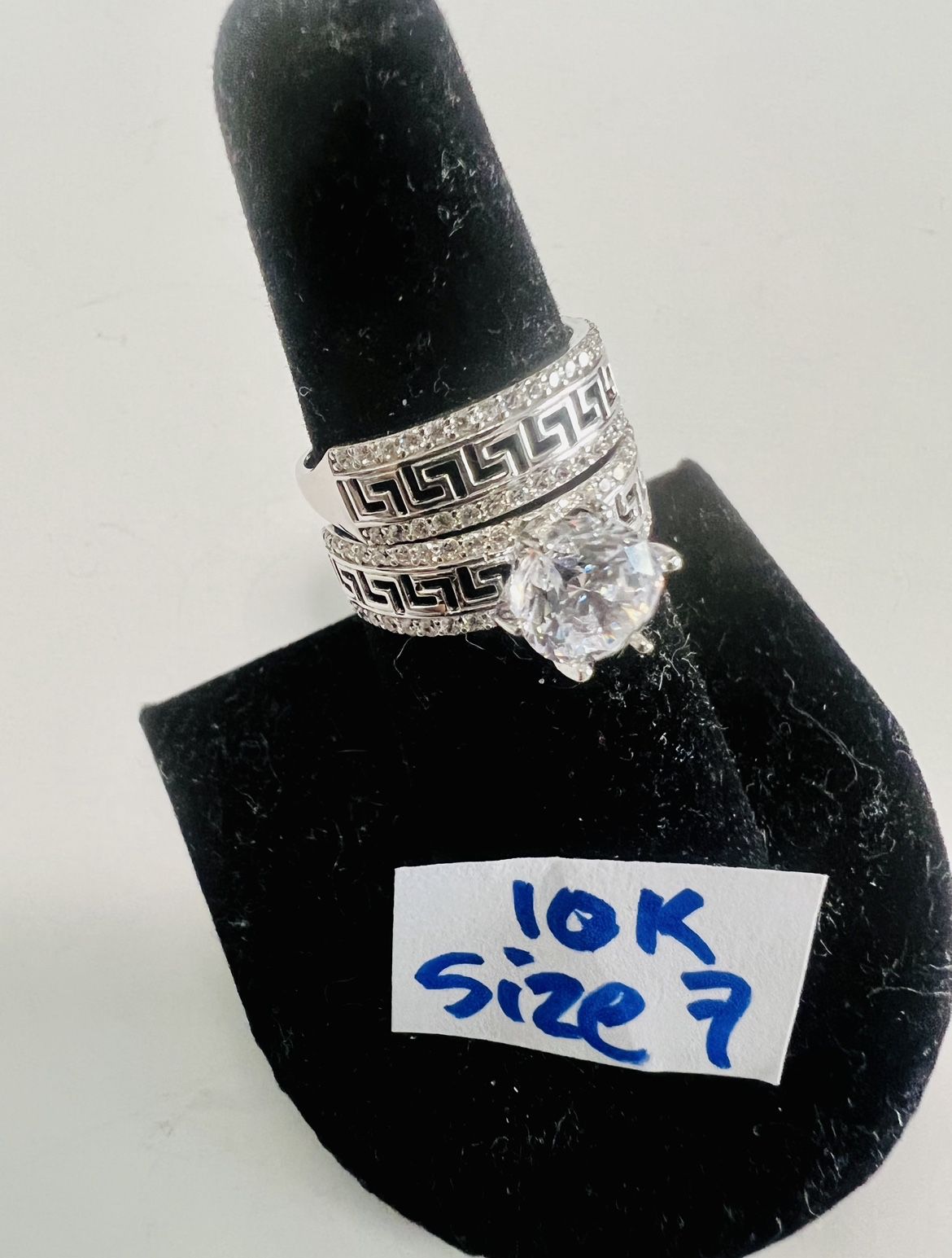 10K Solid White Gold Wedding Ring Set CZ Stones Size 7
