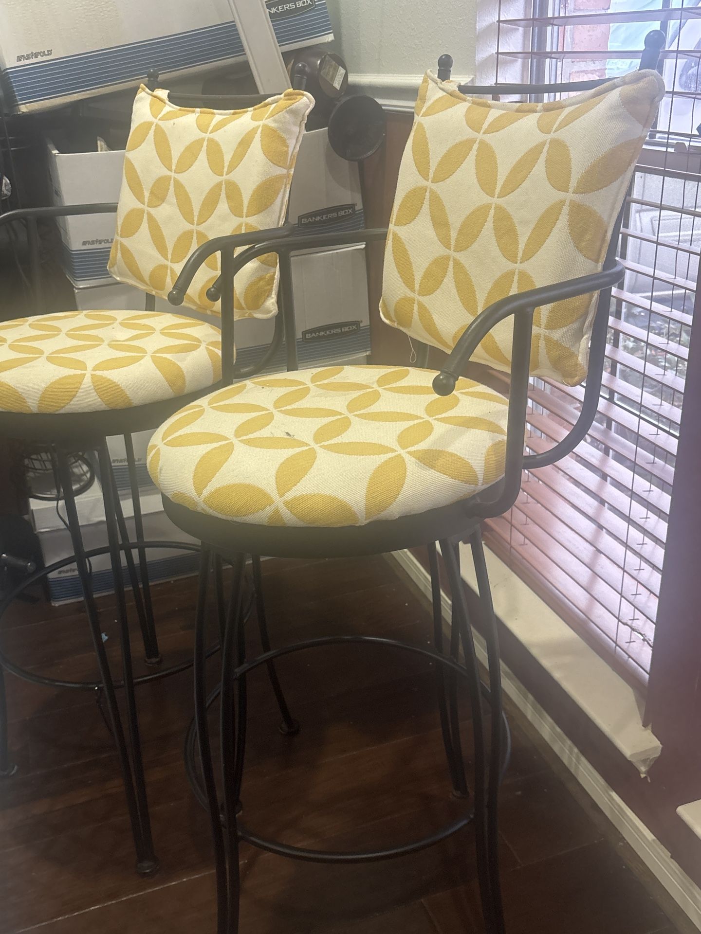 2 Yellow Patterned Bar Stools 