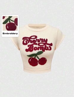 Cherry Bomb Embroidered Knit Crop Top
