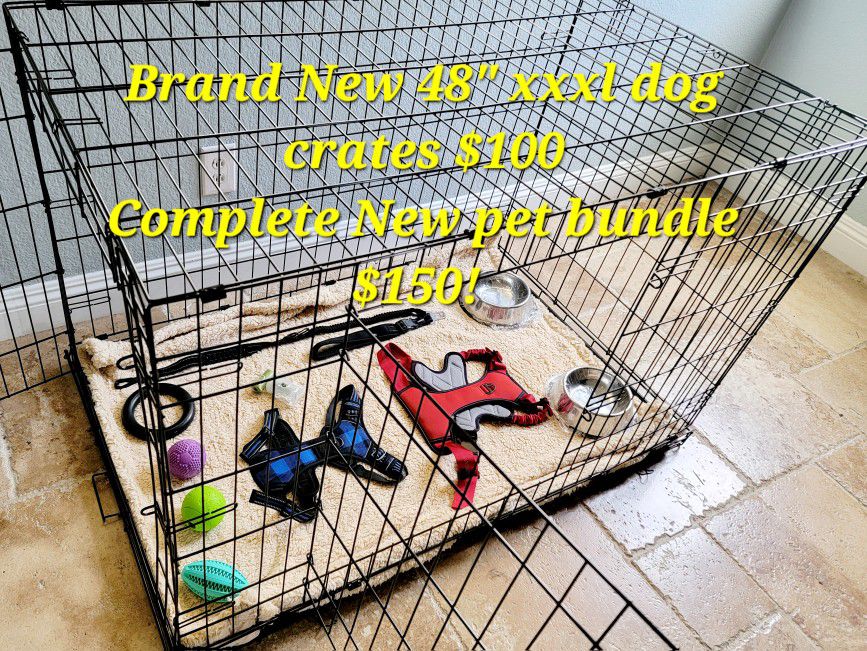 New 48"x30"x33 2 Door xxxl Crate $100/ New Pet Package $150 Cage Harness Bed Bowls Leash Toys  & More
