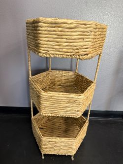 3-Tier Woven Wicker Basket Storage Stand – Natural Boho Organizer – $