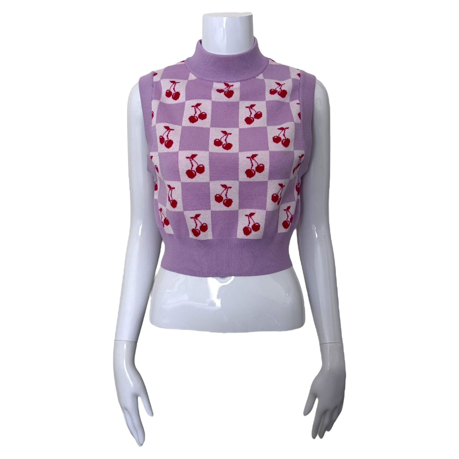 NEW Forever 21 Cherry Checkerboard Mock Neck Sweater Vest Size Large