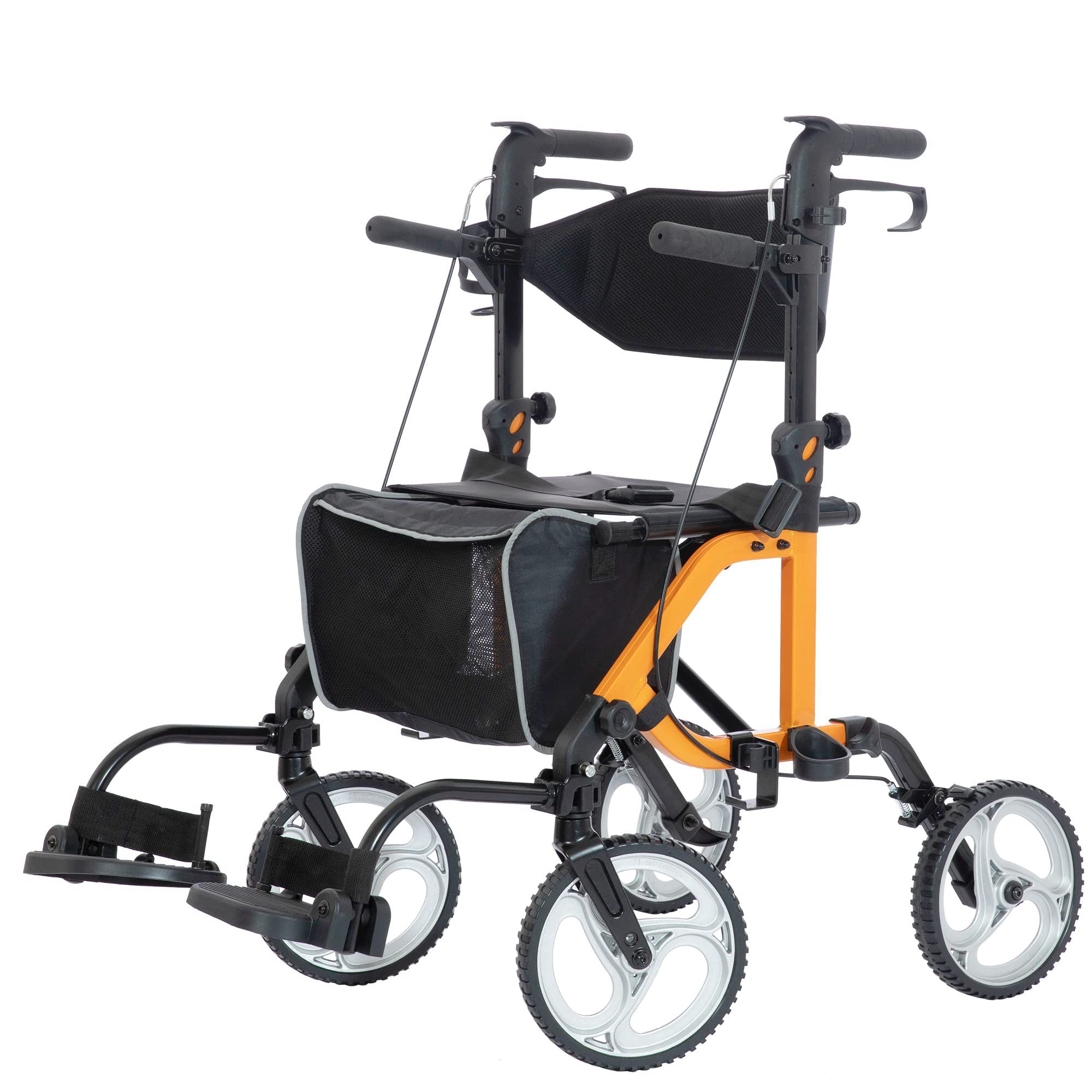ELENKER 2 in 1 Rollator Walker & Transport Chair, Folding Wheelchair with 10” Non-Slip Wheels for Seniors, Reversible Backrest & Detachable Footrests,