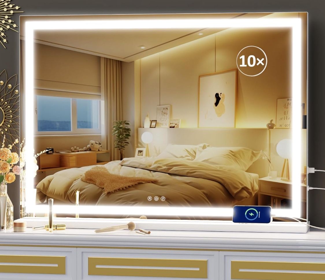 Makeup Vanity Mirror with USB Charging Port 28" x 22" Large LED Makeup Mirror, Desk Mirorr with Lights, Light up Mirror with 10X Magnification and, Di