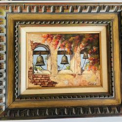 Vintage California Mission The Bells Oil Painting On Canvas 