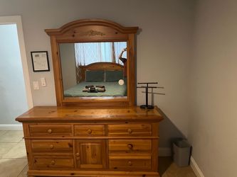 SOLID WOOD DRESSER WITH MIRROR AND NIGHTSTAND. MUST SELL FAST