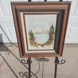 Small vintage winter mountain lake oil on canvas painting signed Linda